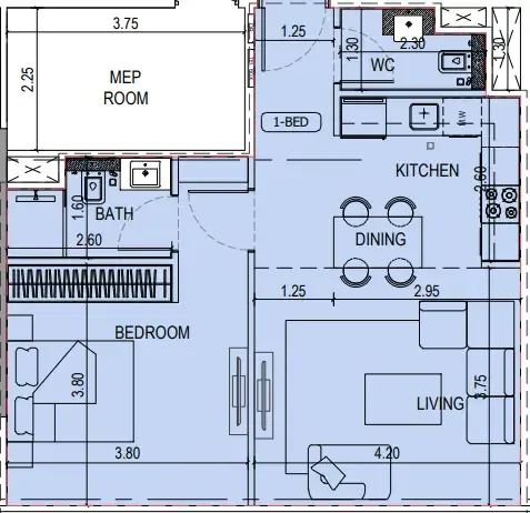 Binghatti Sky Terraces 1 bed floor plan, 612 sqft