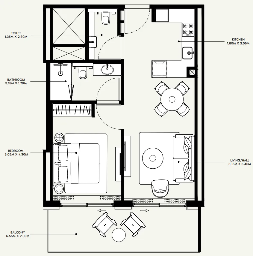 Azizi Venice 1 bed floor plan, 735 sqft