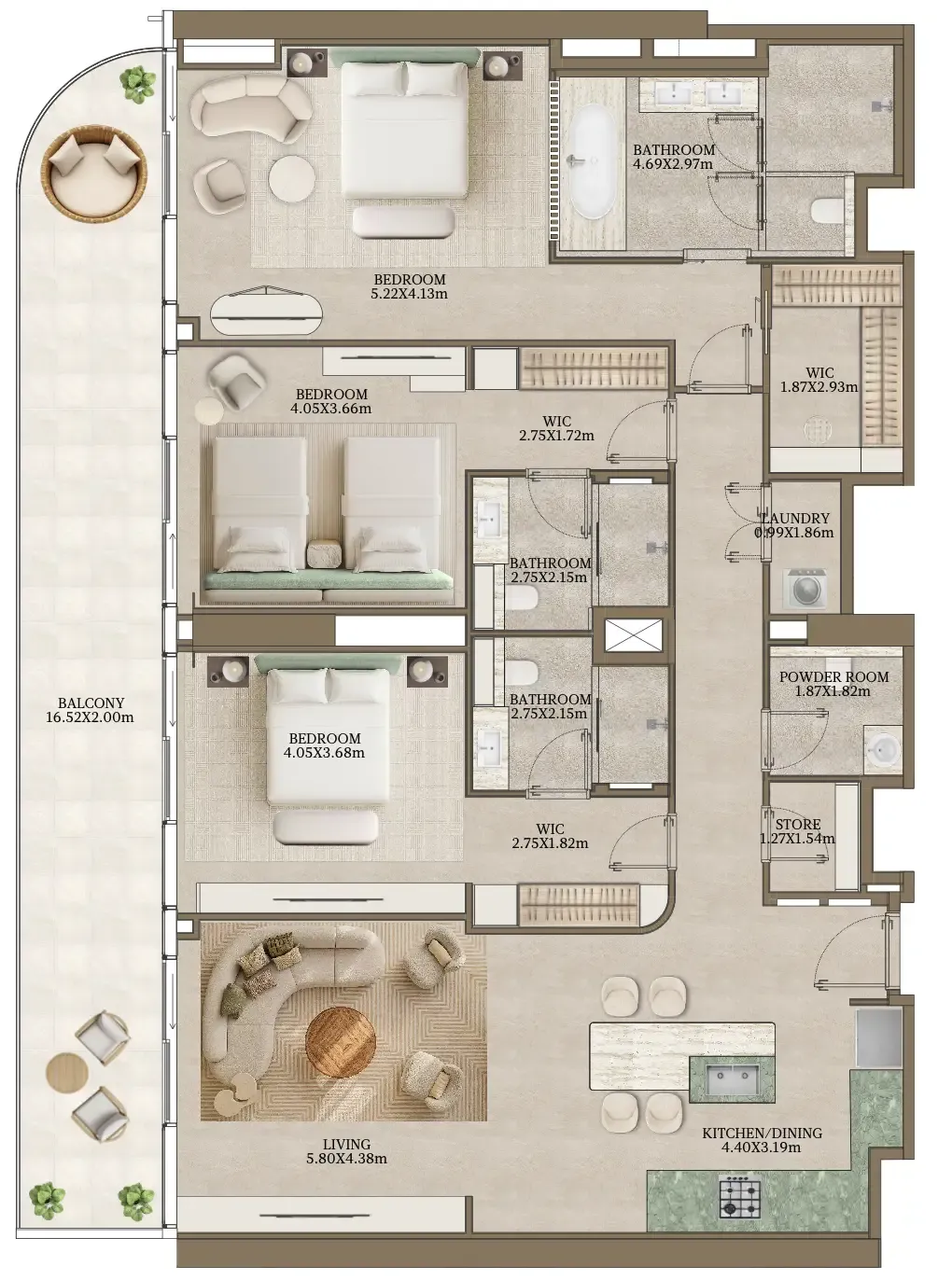Nasim Al Bahr Residences 3 bed floor plan, 2,177 sqft