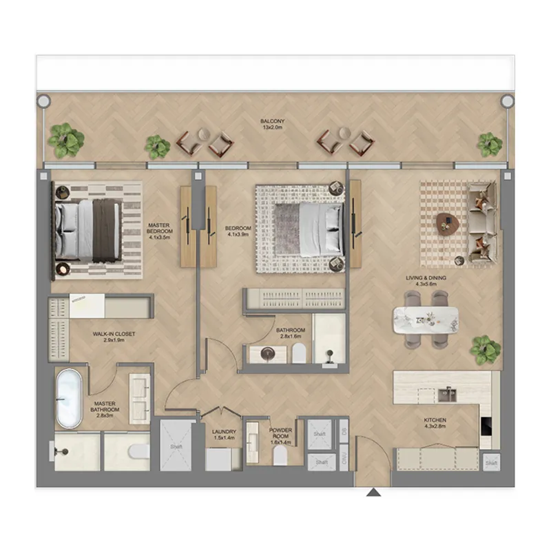 The Row Saadiyat 2 bed floor plan, 2,172 – 2,588 sqft