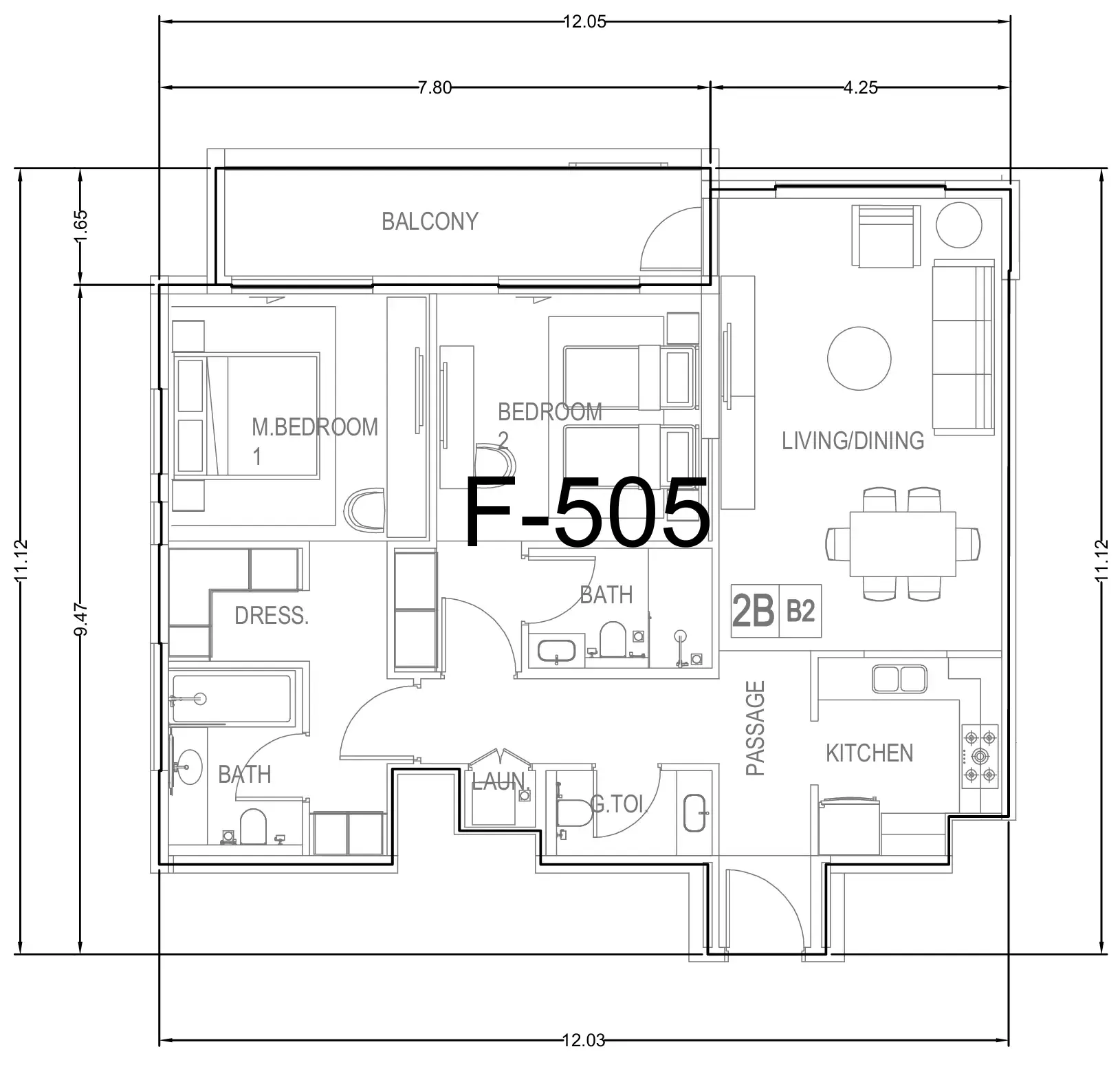 Hillside Residences 2 bed floor plan, 1,245 sqft