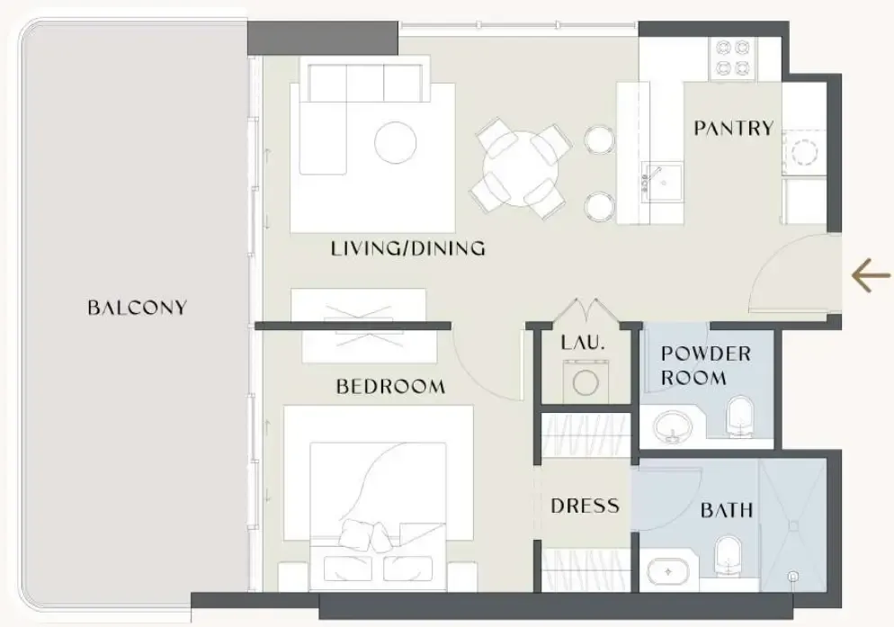 Chelsea Gardens 1 bed floor plan, 871 sqft