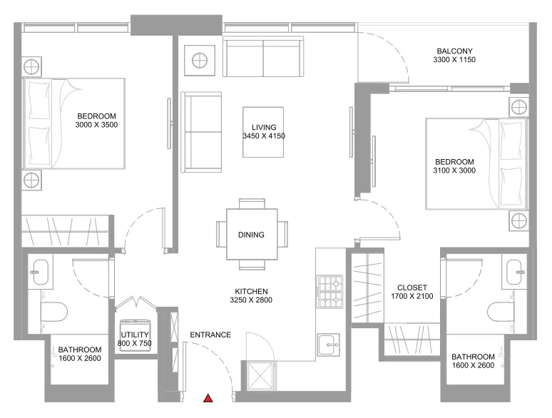 Coastline Beach Residences 2 bed floor plan, 775 – 776 sqft