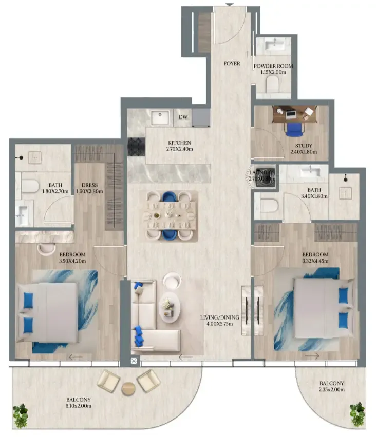 Maravea Residences 2 bed floor plan, 1,211 sqft