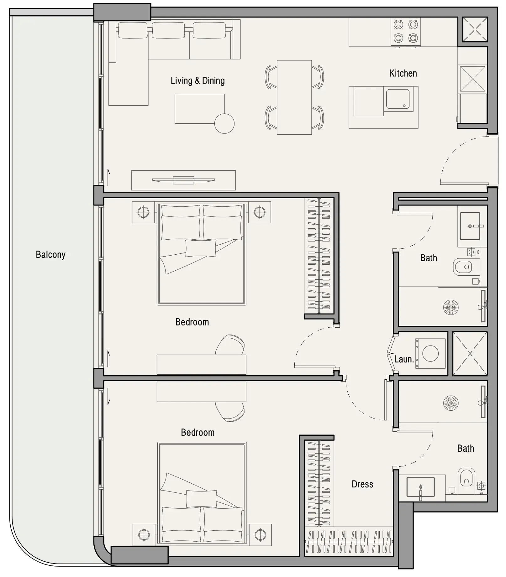 113 Residences by Iman 2 bed floor plan, 1,031 – 1,049 sqft