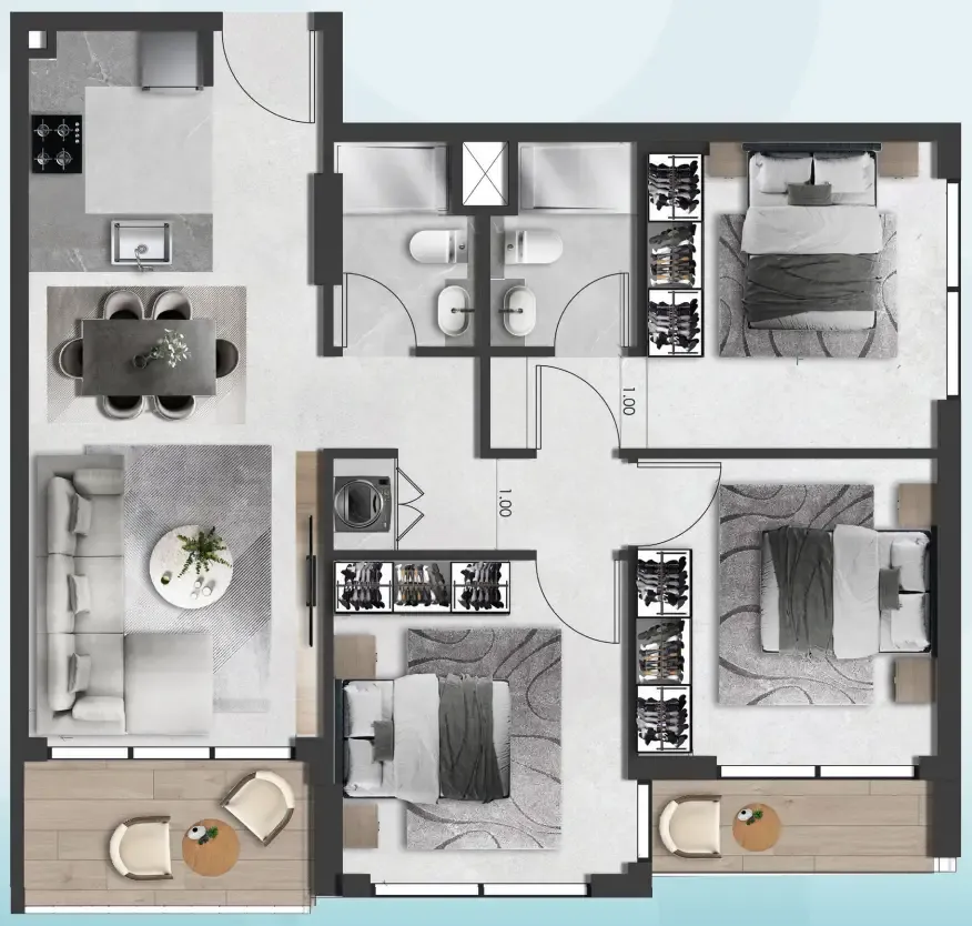 Saray South Residences 3 bed floor plan, 934 sqft