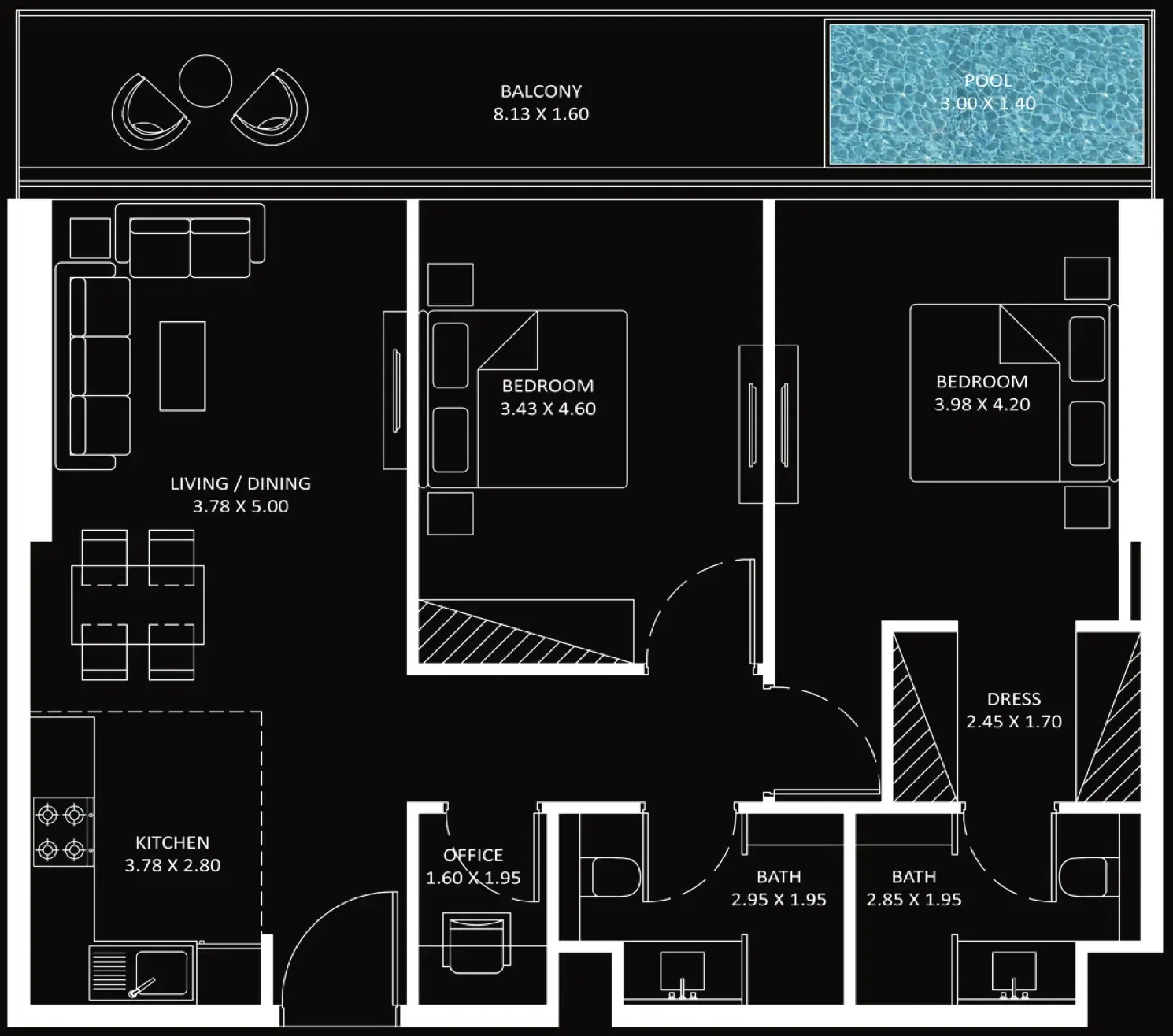 Bayz 101 2 bed floor plan, 1,128 sqft