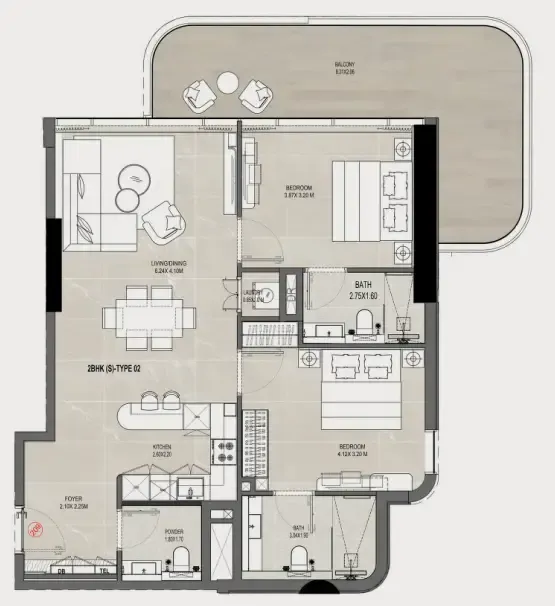 Rabdan Gates 2 bed floor plan, 1,192 sqft