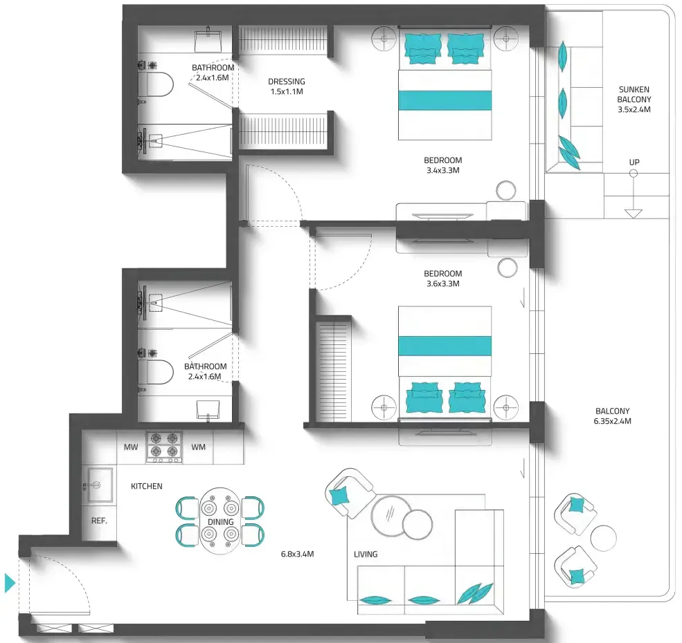 Reef 996 2 bed floor plan, 478 – 1,063 sqft