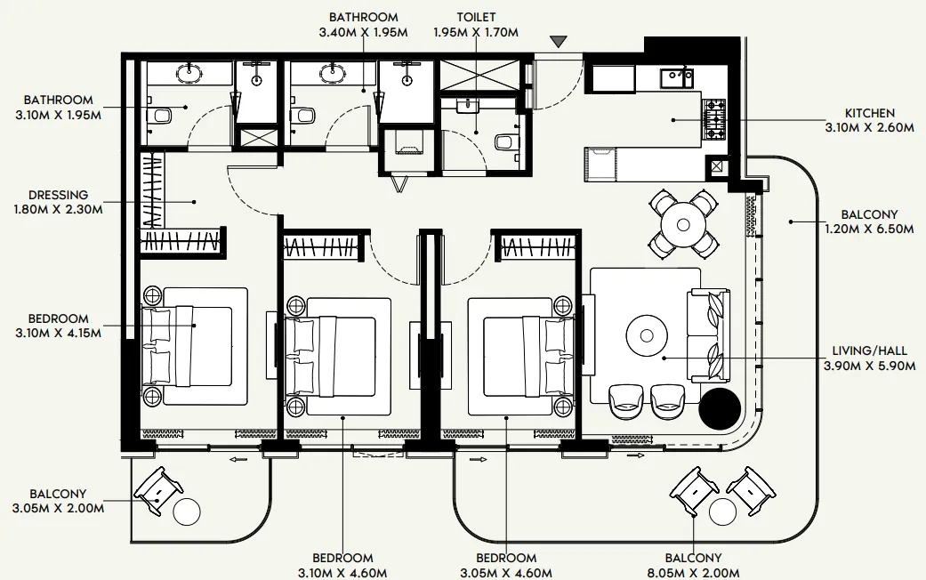 Azizi Venice 3 bed floor plan, 1,620 sqft