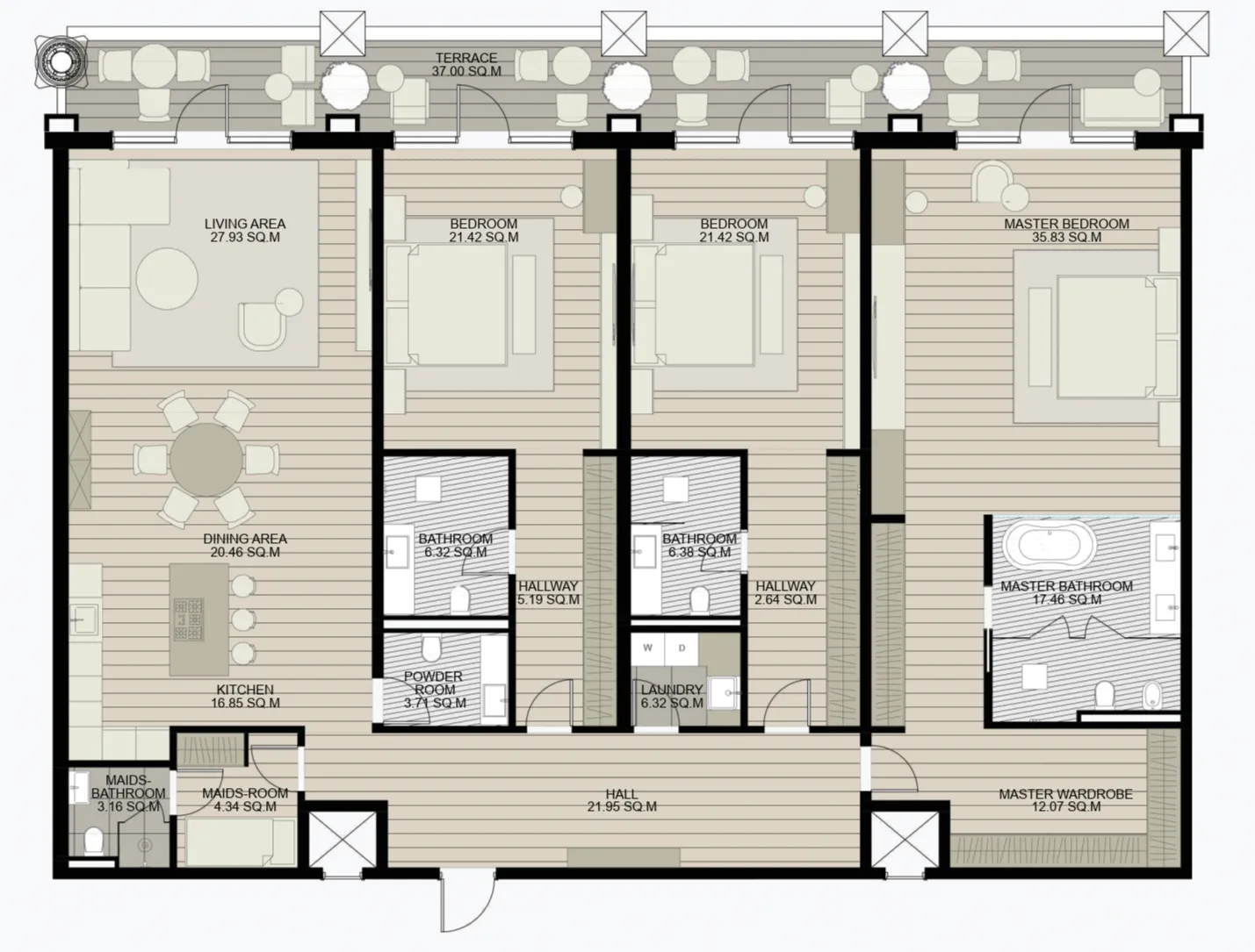 Raffles The Palm Dubai 3 bed floor plan, 3,261 sqft