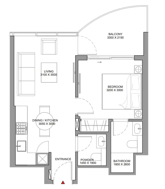 Sobha Aquamont 1 bed floor plan, 565 sqft