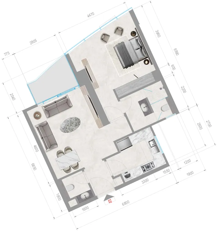 Orchid Towers Phase 1 1 bed floor plan, 735 sqft