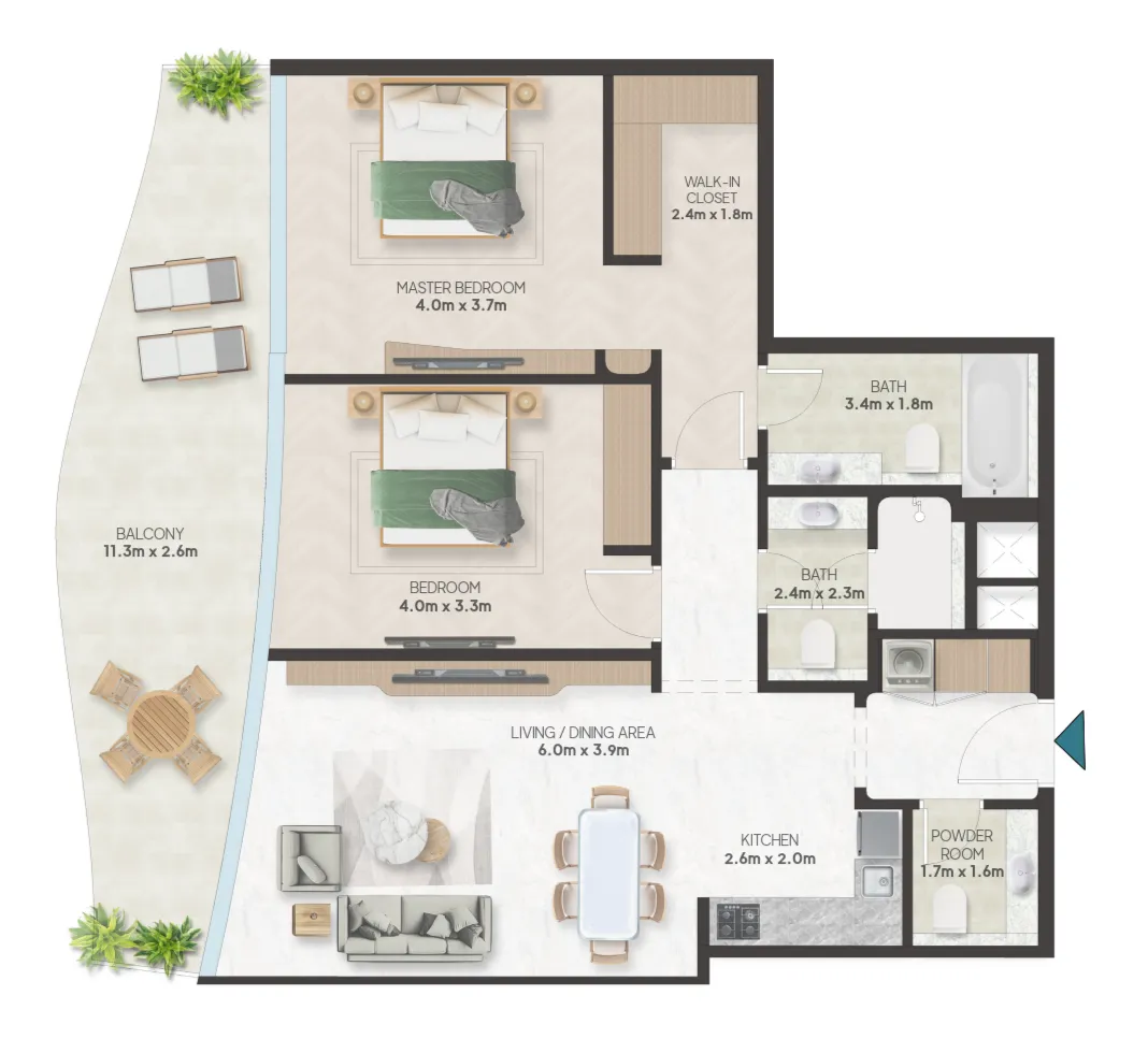 Oystra 2 bed floor plan, 1,189 sqft