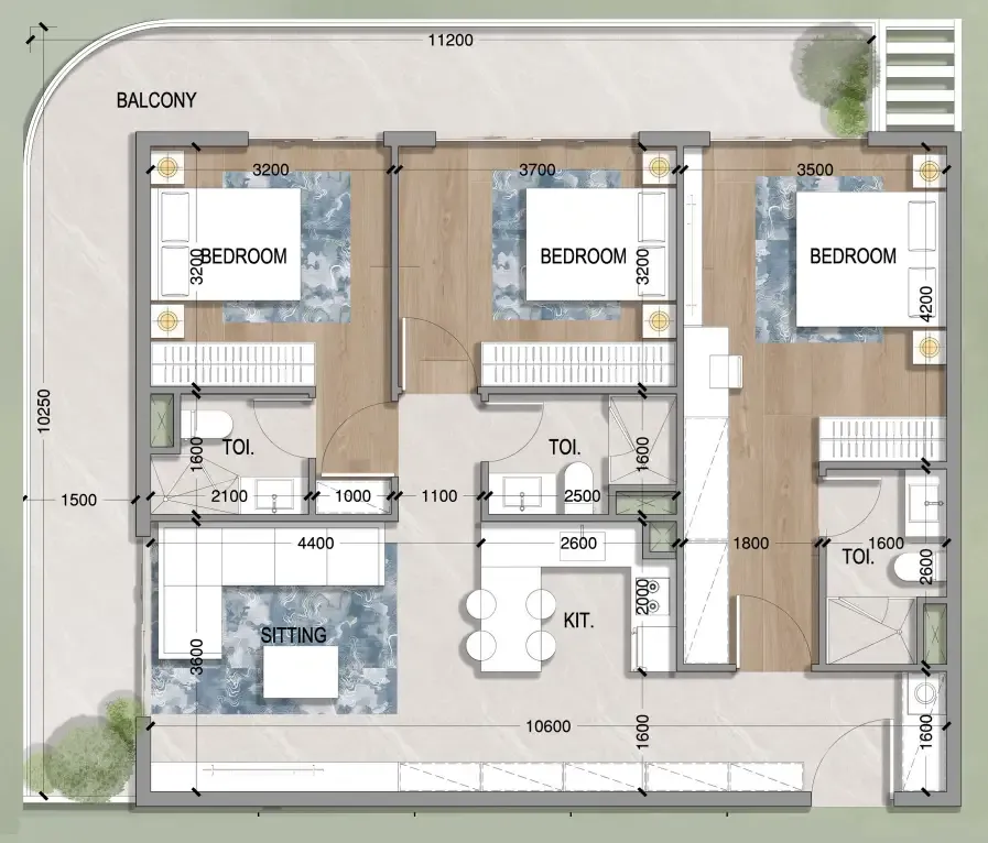Oasis Residences 3 bed floor plan, 1,333 – 1,336 sqft