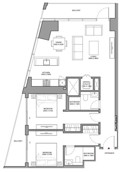 The Eden at Sobha Central 2 bed floor plan, 1,202 sqft