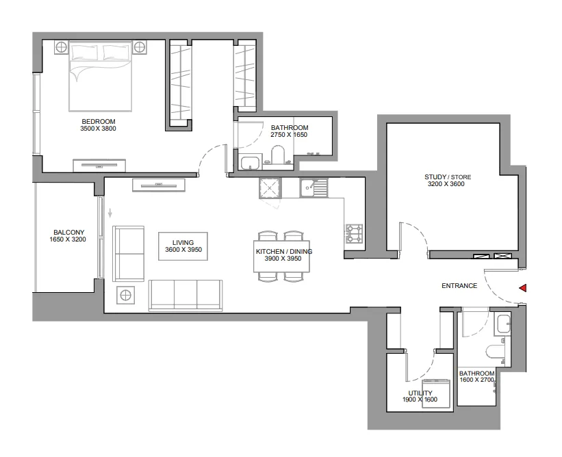 Skyscape 1 bed floor plan, 1,153 sqft