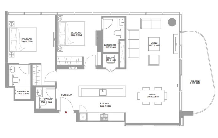 Yachtside Marina Residences 2 bed floor plan, 1,213 – 1,230 sqft