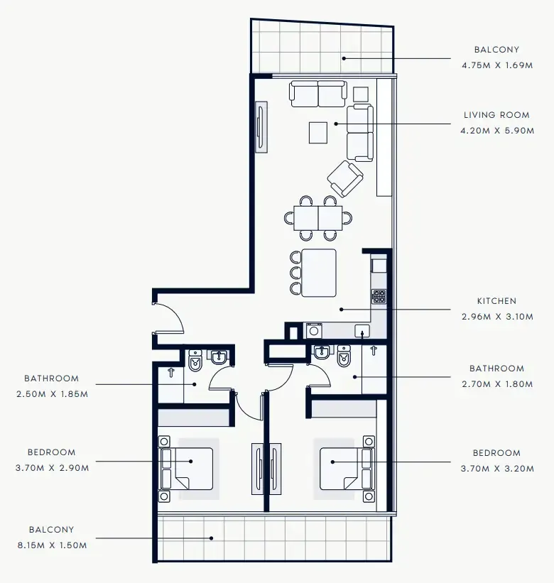 Riviera Rêve 2 bed floor plan, 1,260 sqft