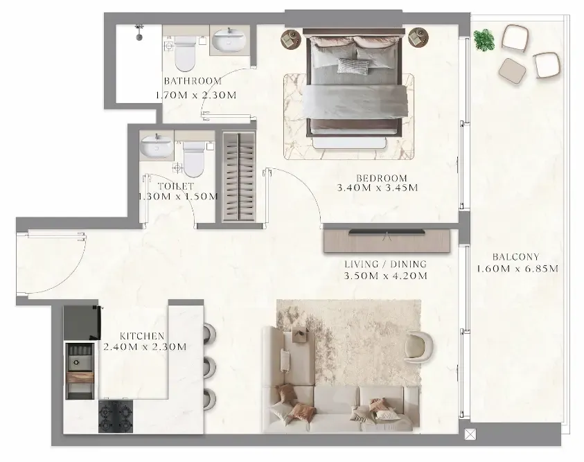Aum 99 Residences 1 bed floor plan, 635 sqft
