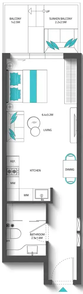 Reef 996 Studio floor plan, 453 – 454 sqft