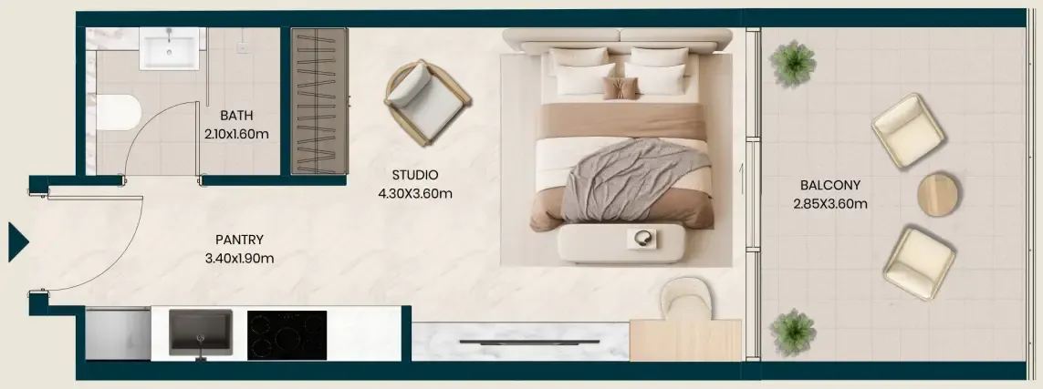 Kyomi Residences Studio floor plan, 424 sqft