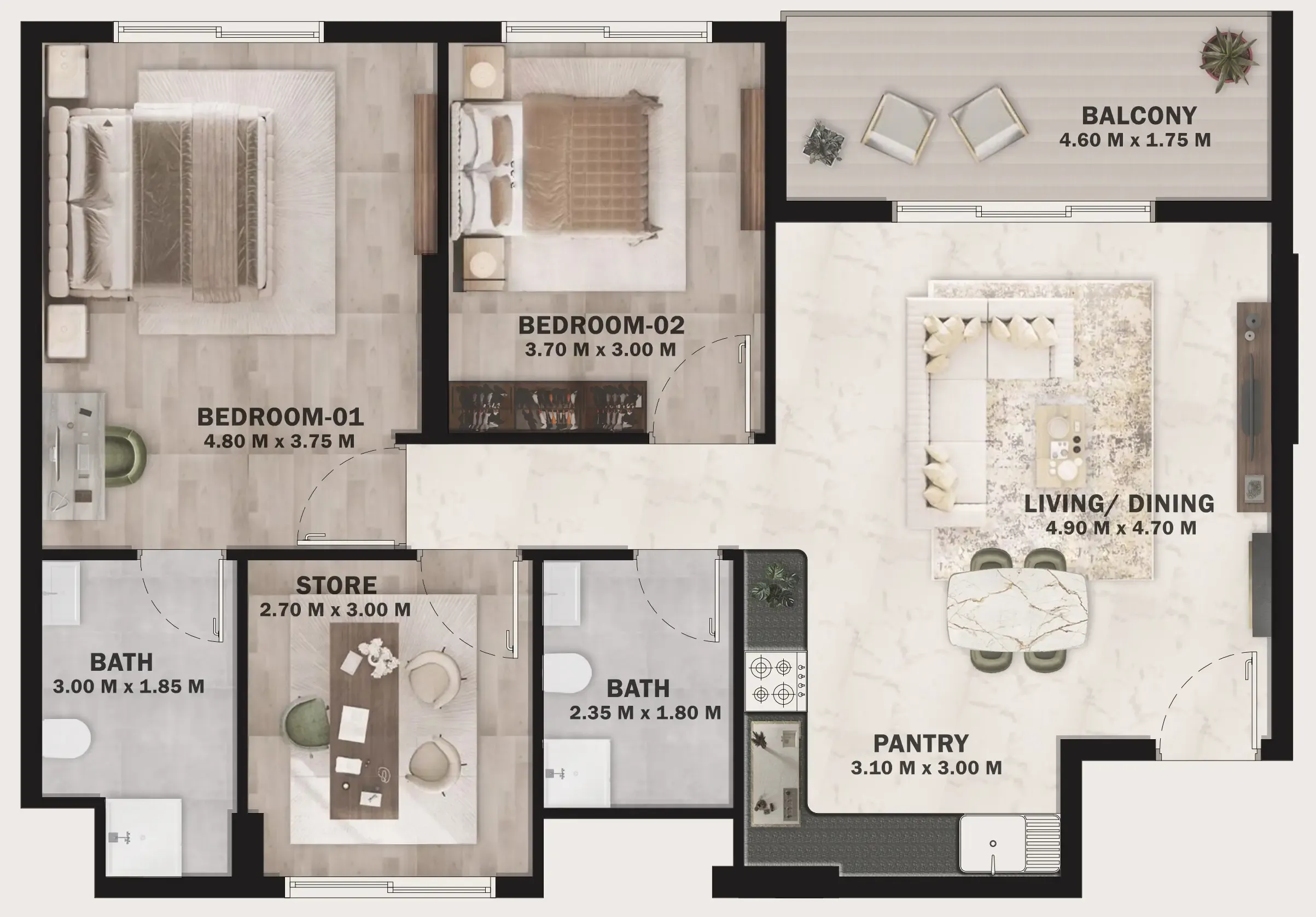VOI Residence 2 bed floor plan, 995 sqft