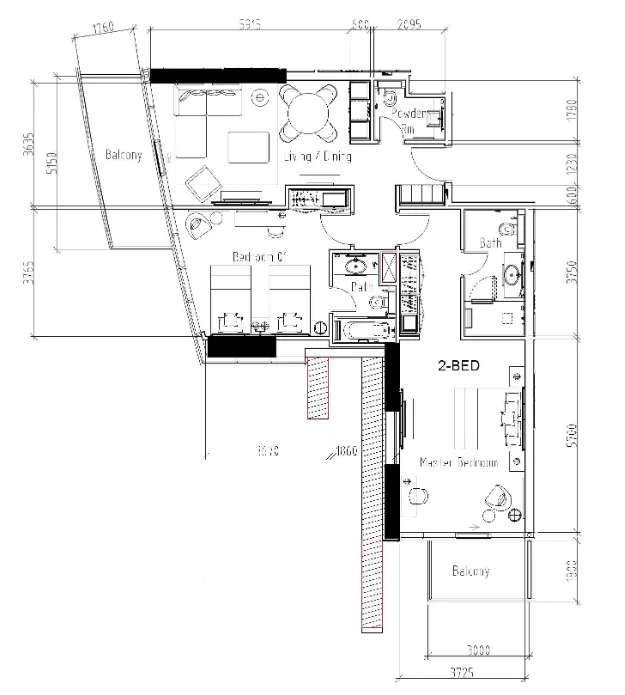 Damac Hills - Radisson Dubai 2 bed floor plan, 1,235 sqft