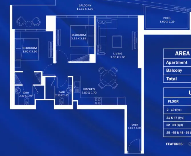 Fashionz 2 bed floor plan, 1,177 sqft