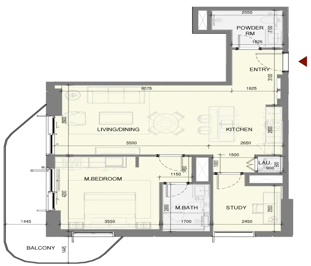 Takaya 1 bed floor plan, 1,009 sqft