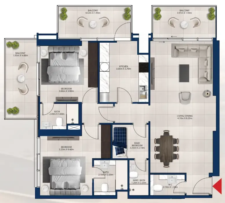Al Vista 2 bed floor plan, 1,450 sqft