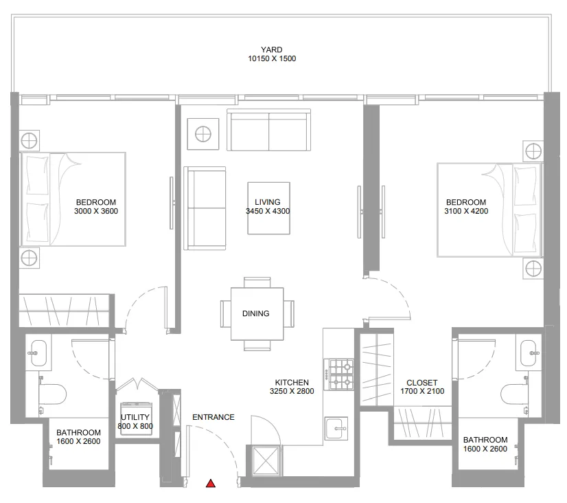 Pierside Marina Residences 2 bed floor plan, 946 – 953 sqft