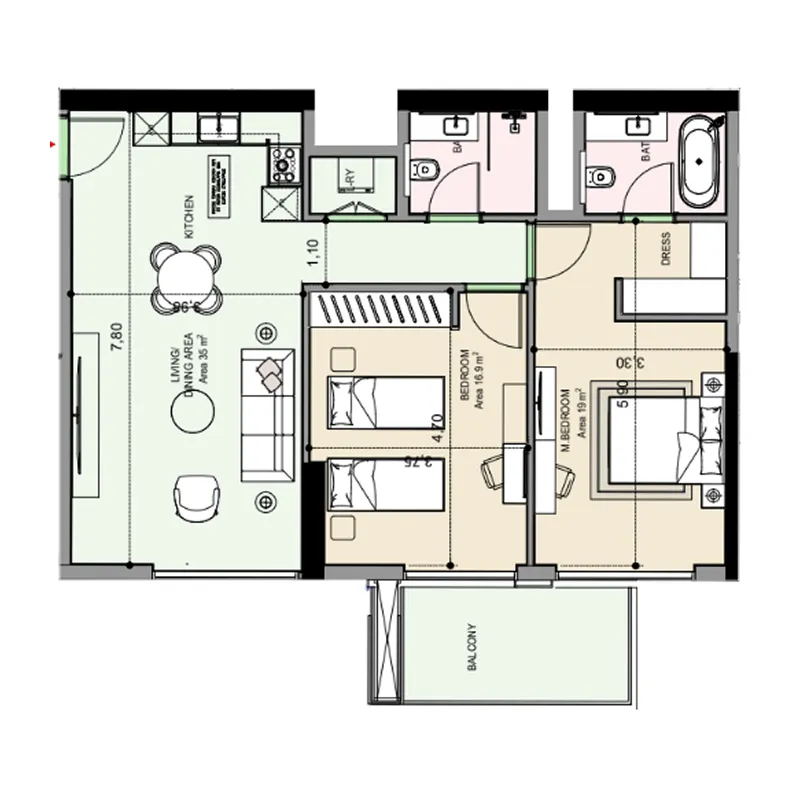 Edgewater Residences 1, 2 and 3 2 bed floor plan, 1,081 sqft
