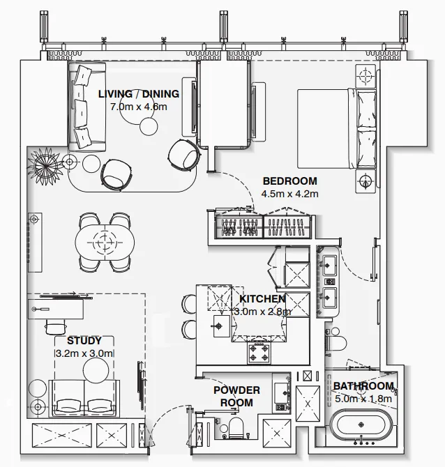 Burj Azizi 1 bed floor plan, 985 sqft