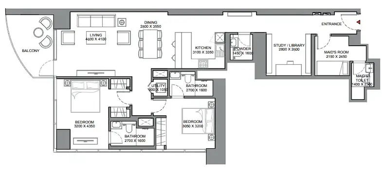 Skyscape 2 bed floor plan, 1,515 sqft