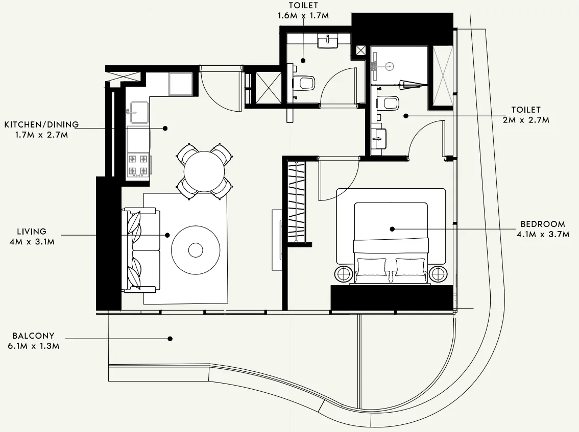 Azizi Milan 1 bed floor plan, 714 sqft