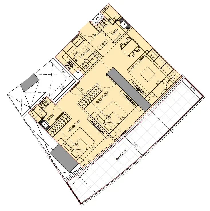 Binghatti Sky Terraces 2 bed floor plan, 1,055 sqft