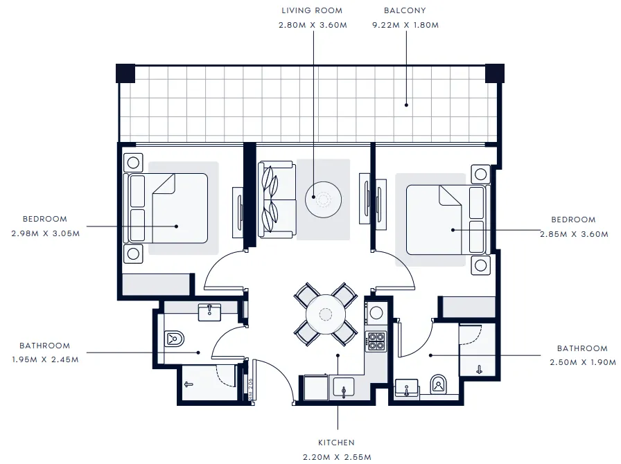Riviera 65 2 bed floor plan, 662 – 733 sqft