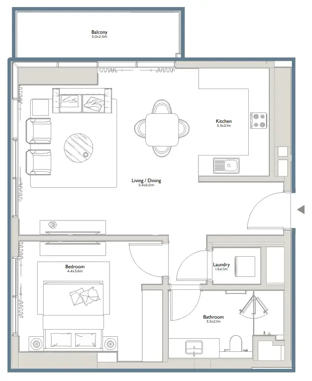 Serenia District East Residences 1 bed floor plan, 870 sqft