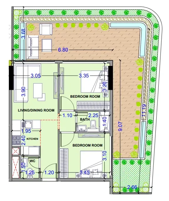 Celesto 3 2 bed floor plan, 426 sqft