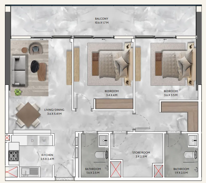 California Residences 2 bed floor plan, 1,154 sqft