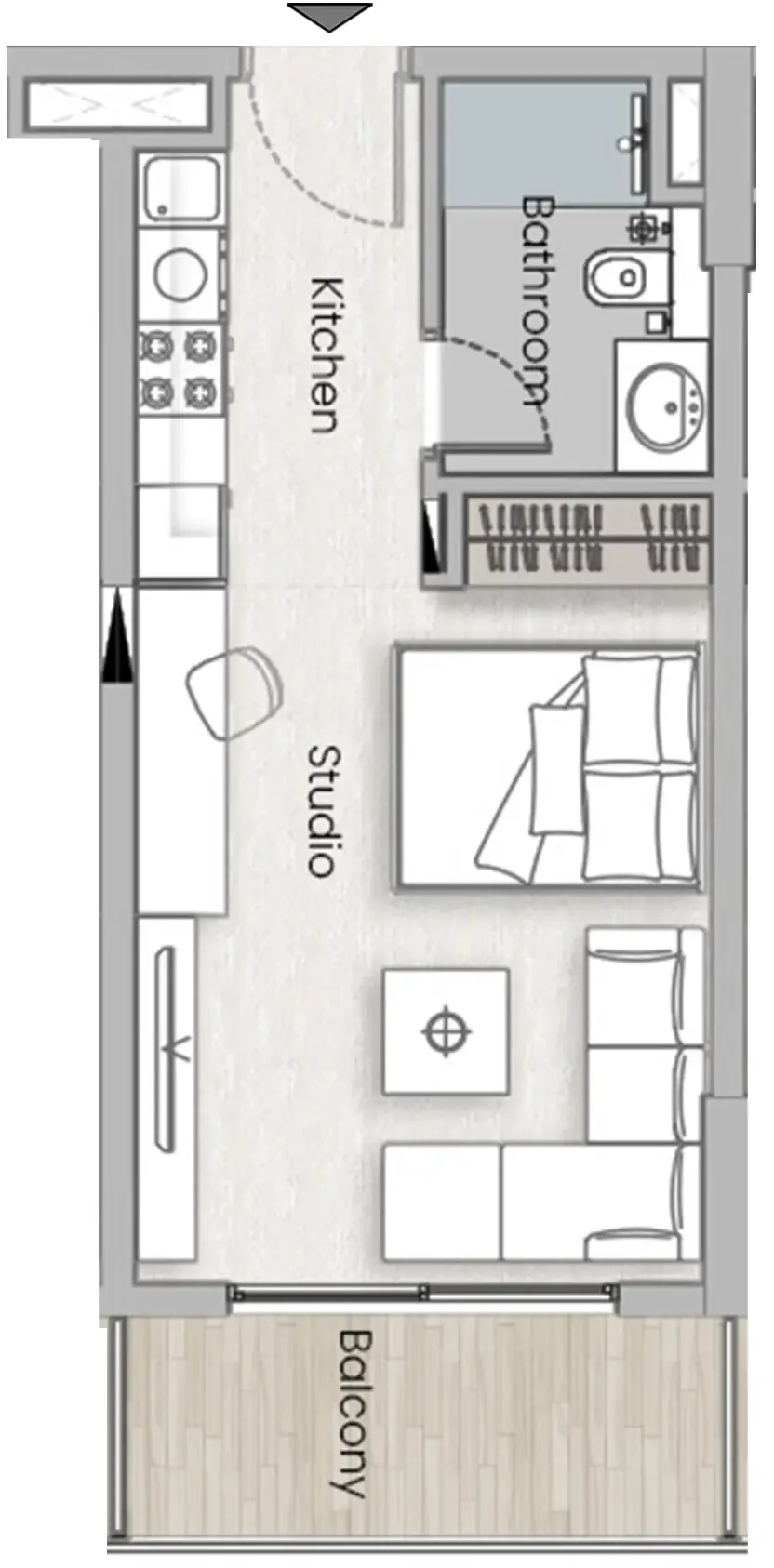 One Beverly Studio floor plan, 389 – 390 sqft