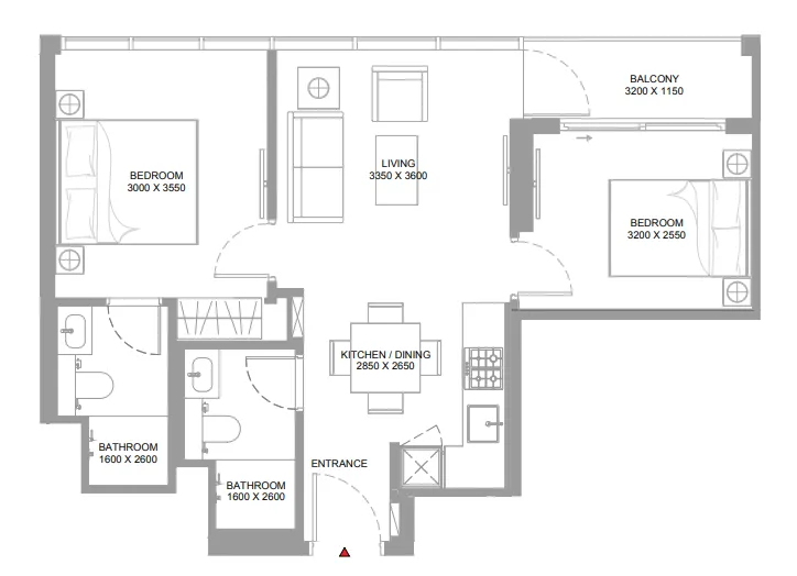 Pearlside Marina Residences 2 bed floor plan, 652 – 653 sqft