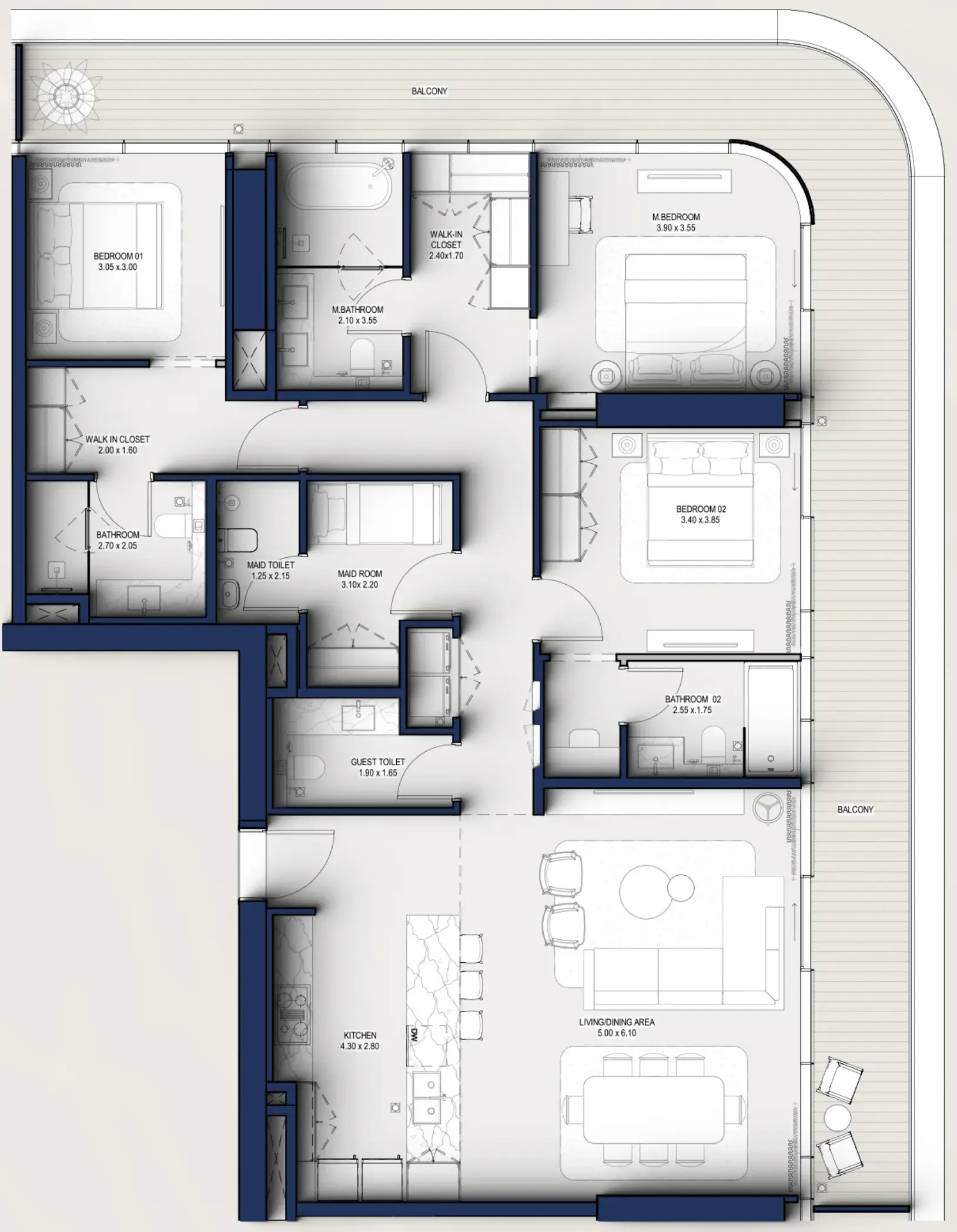 Hilton Residences 3 bed floor plan, 2,018 sqft