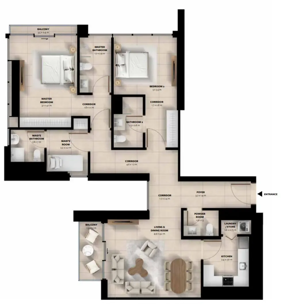 Waada Dubai South 2 bed floor plan, 1,250 – 1,252 sqft