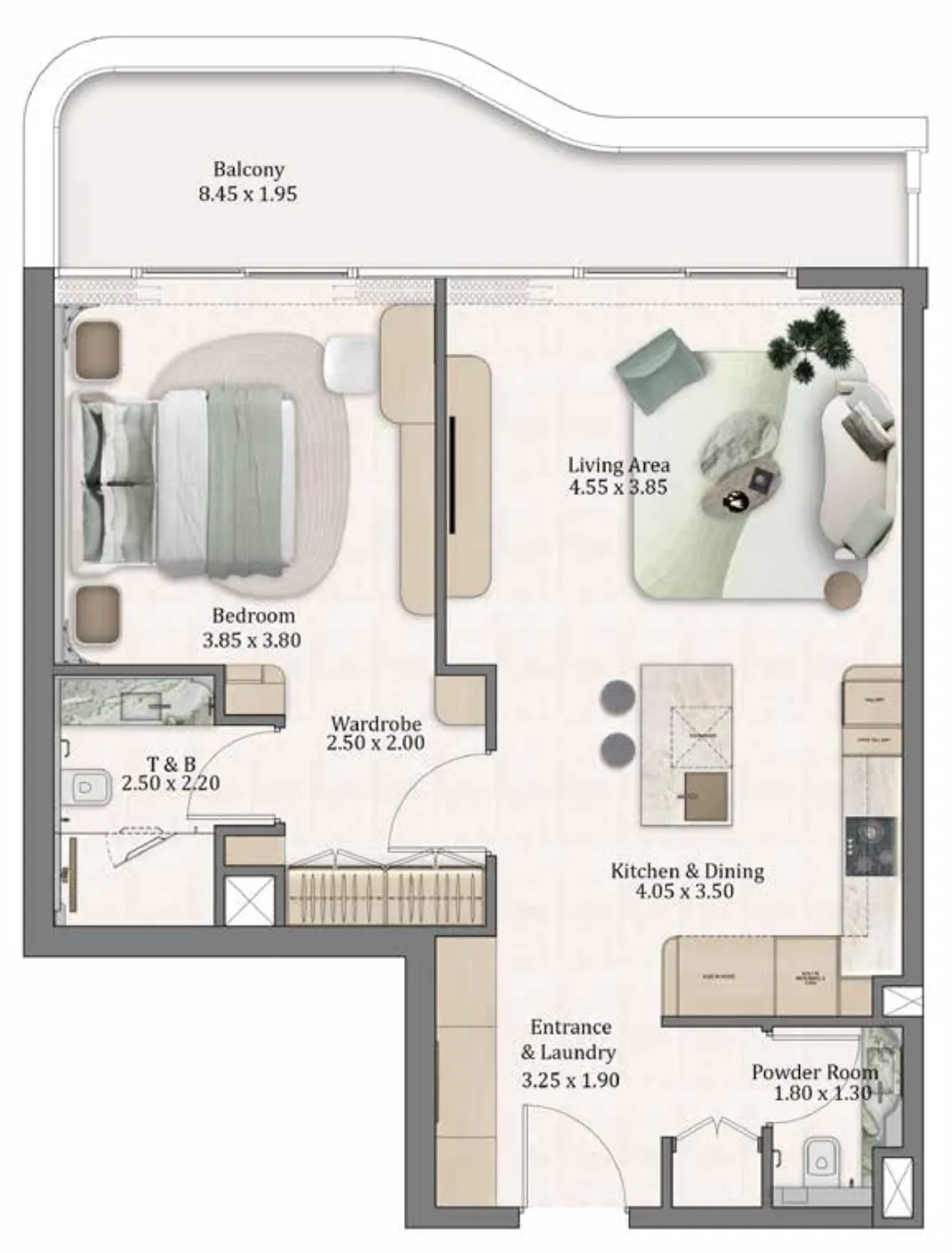 Flow Residences 1 bed floor plan, 909 – 1,042 sqft