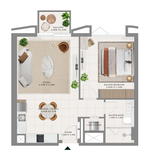 Hillsedge 1 bed floor plan, 708 – 710 sqft