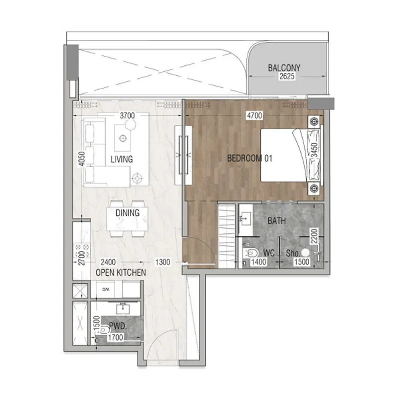 Vue Dorée 1 bed floor plan, 734 sqft