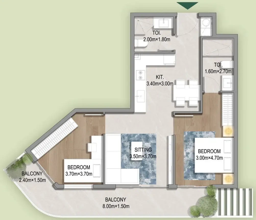 Oasis Residences 2 bed floor plan, 855 sqft