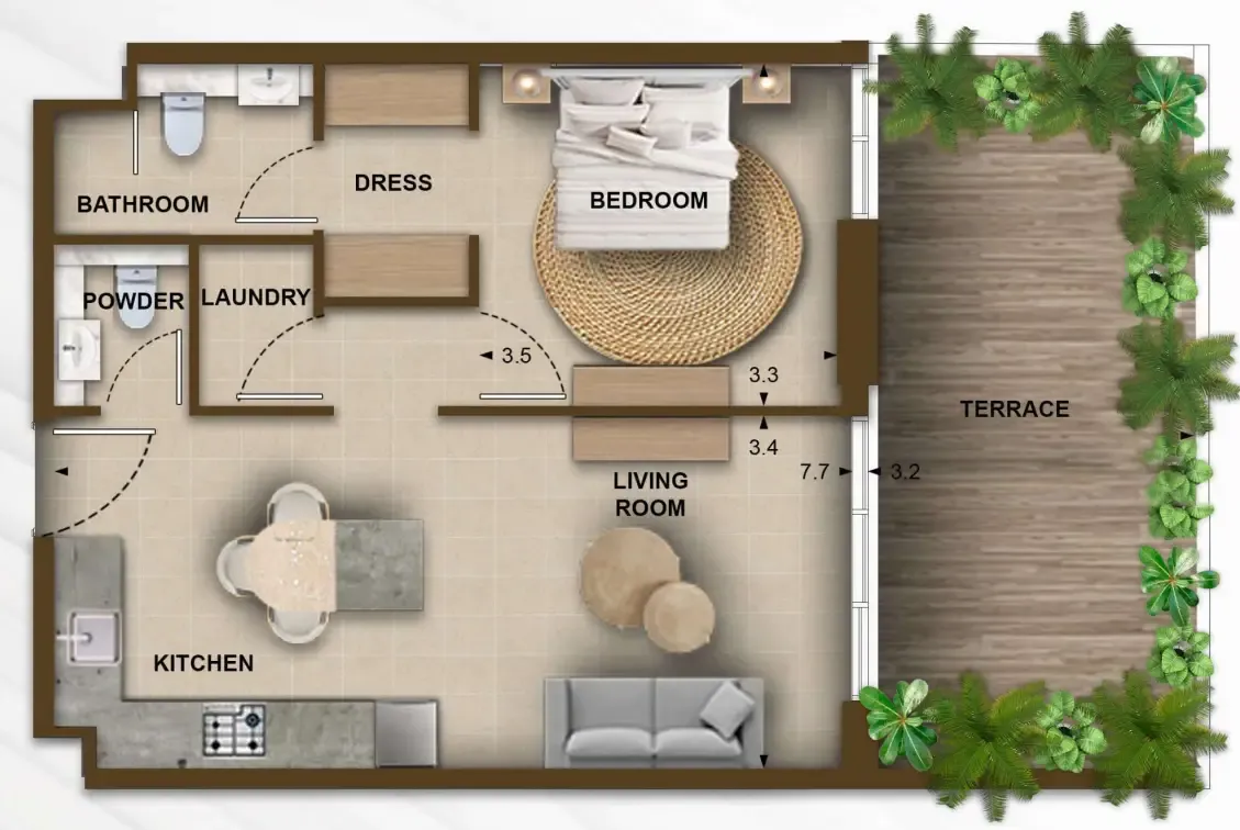 105 Residences by Kamdar 1 bed floor plan, 736 – 738 sqft